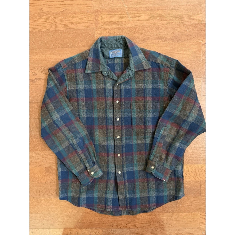 VTG Pendleton Blue Red Brown Plaid Long Sleeve Button Virgin Wool Fleece Shirt L